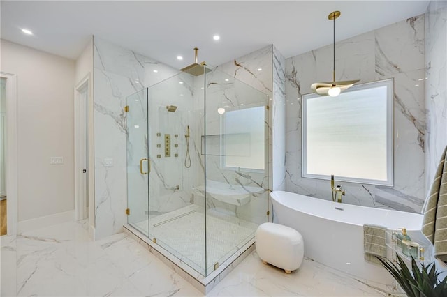 5651 Old Wilkie Rd, Gainesville, GA 30506 - bathroom featuring marble tiled floors, a marble finish shower, a soaking tub, and recessed lighting