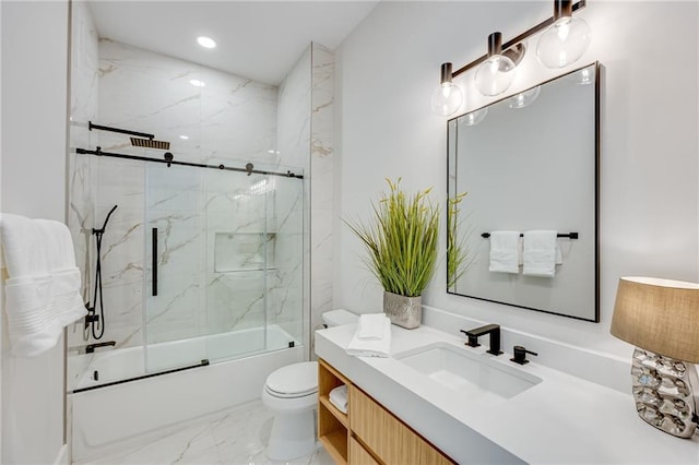 5651 Old Wilkie Rd, Gainesville, GA 30506 - full bathroom featuring marble look tiles, vanity, shower / bath combination with glass door, and recessed lighting