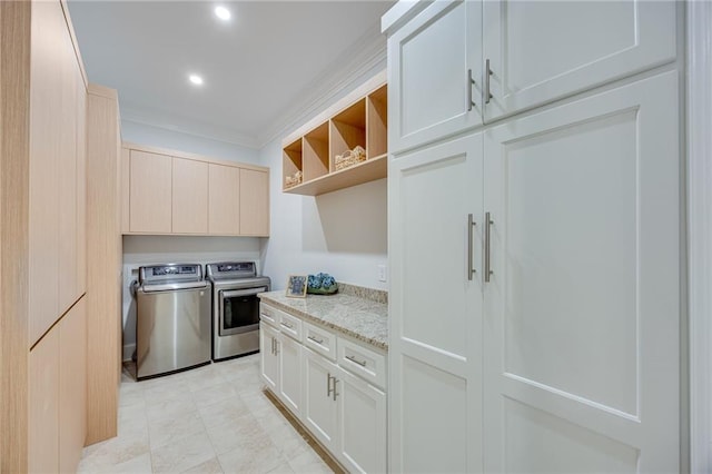 5651 Old Wilkie Rd, Gainesville, GA 30506 - kitchen featuring washing machine and clothes dryer, open shelves, crown molding, recessed lighting, and light stone countertops