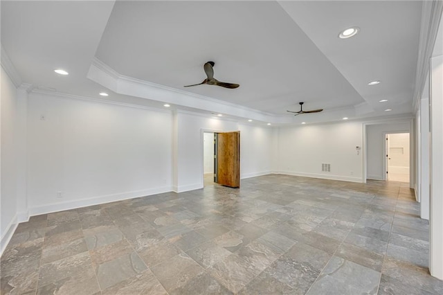 5651 Old Wilkie Rd, Gainesville, GA 30506 - empty room featuring ceiling fan, a tray ceiling, crown molding, stone tile flooring, and recessed lighting