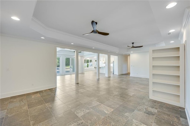 5651 Old Wilkie Rd, Gainesville, GA 30506 - unfurnished room with a ceiling fan, a raised ceiling, crown molding, recessed lighting, and stone tile floors