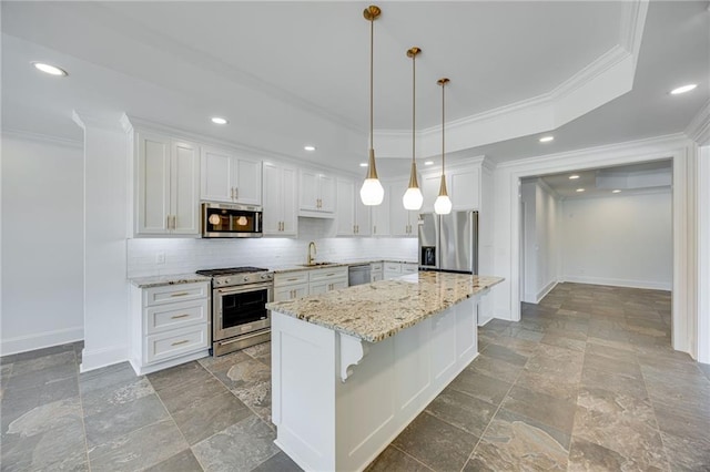 5651 Old Wilkie Rd, Gainesville, GA 30506 - kitchen featuring appliances with stainless steel finishes, stone tile floors, backsplash, crown molding, and white cabinets