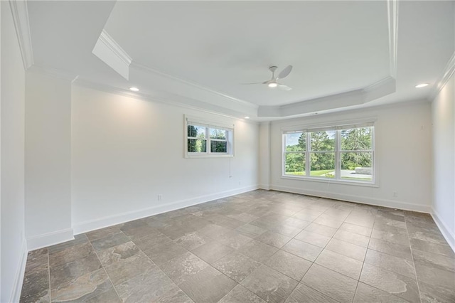 5651 Old Wilkie Rd, Gainesville, GA 30506 - unfurnished room with ornamental molding, a tray ceiling, a ceiling fan, and recessed lighting