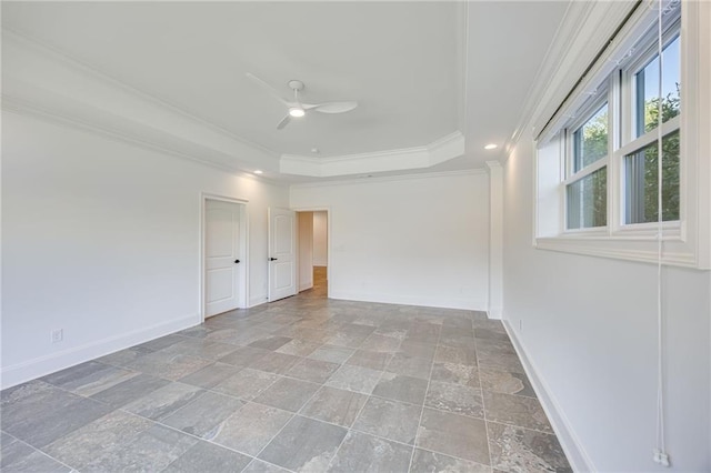 5651 Old Wilkie Rd, Gainesville, GA 30506 - empty room featuring stone tile flooring, a raised ceiling, crown molding, and ceiling fan
