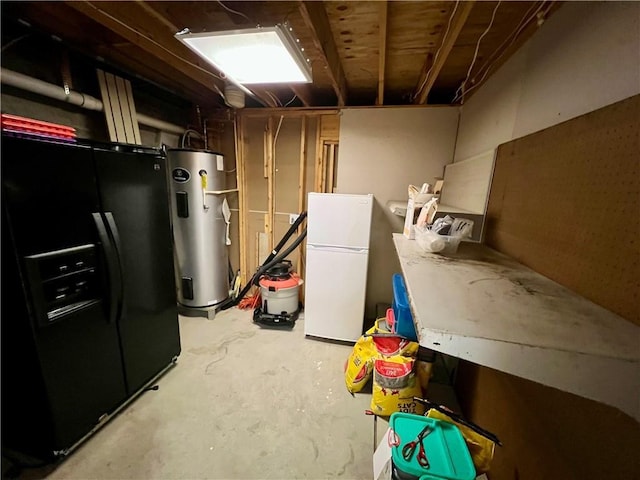 basement featuring white refrigerator, black fridge with ice dispenser, and water heater