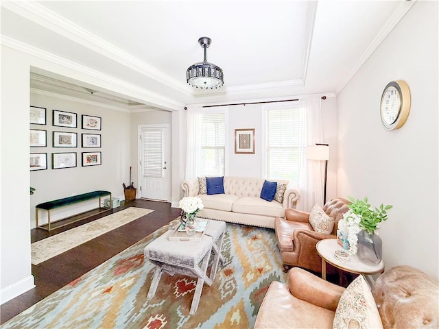 810 Pressing Dr, Alpharetta, GA 30004 - living area with crown molding, baseboards, a raised ceiling, and wood finished floors