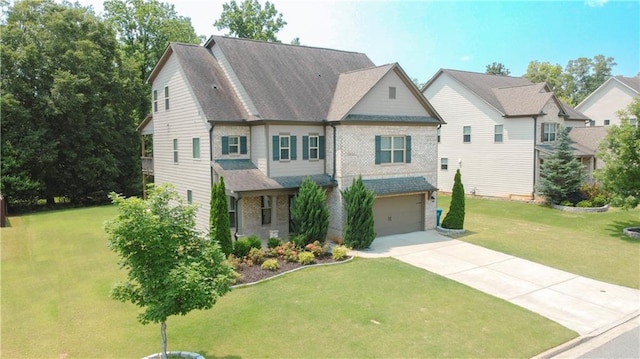 810 Pressing Dr, Alpharetta, GA 30004 - craftsman inspired home with driveway, an attached garage, a front lawn, and brick siding