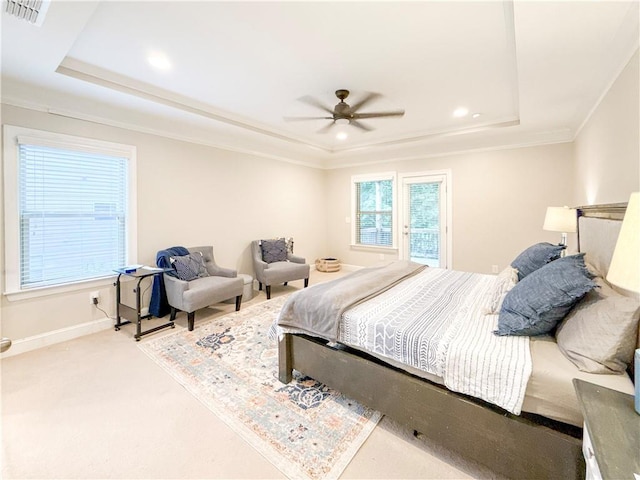 810 Pressing Dr, Alpharetta, GA 30004 - carpeted bedroom featuring a raised ceiling, recessed lighting, ornamental molding, baseboards, and ceiling fan