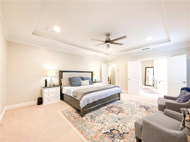 810 Pressing Dr, Alpharetta, GA 30004 - bedroom with a tray ceiling, light carpet, ornamental molding, baseboards, and a ceiling fan