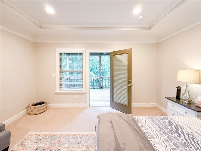 810 Pressing Dr, Alpharetta, GA 30004 - bedroom with a raised ceiling, light carpet, ornamental molding, baseboards, and access to outside