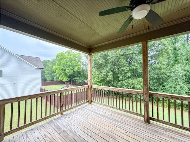 810 Pressing Dr, Alpharetta, GA 30004 - wooden terrace featuring a ceiling fan, a playground, and a yard