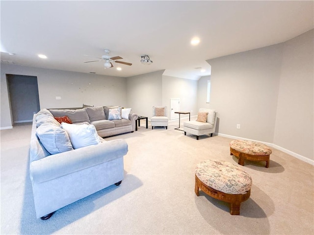 810 Pressing Dr, Alpharetta, GA 30004 - living area with light colored carpet, baseboards, recessed lighting, and ceiling fan