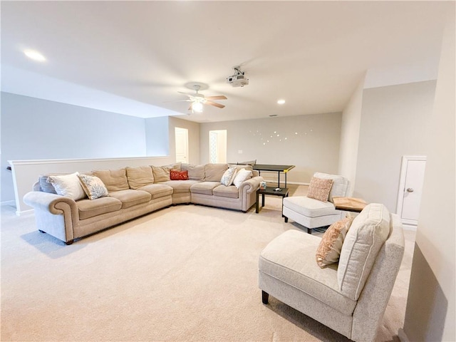 810 Pressing Dr, Alpharetta, GA 30004 - living room featuring light colored carpet, ceiling fan, baseboards, and recessed lighting