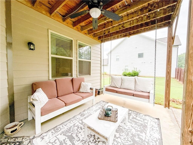 810 Pressing Dr, Alpharetta, GA 30004 - sunroom with an outdoor hangout area, ceiling fan, beamed ceiling, and plenty of natural light
