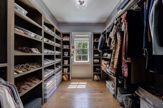 walk in closet with light wood-style floors