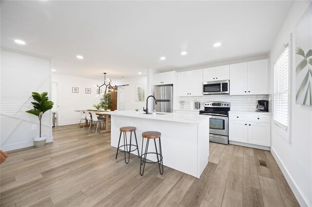 kitchen featuring sink, a center island with sink, white cabinets, and appliances with stainless steel finishes