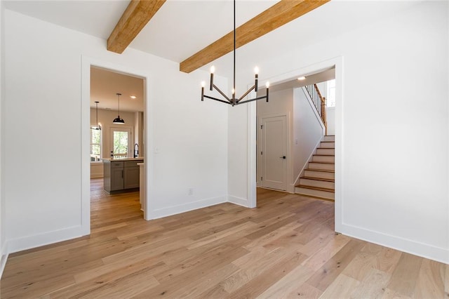 6073 Rockingham Way, Gainesville, GA 30506 - unfurnished dining area with beamed ceiling, light wood-style floors, baseboards, stairway, and a notable chandelier
