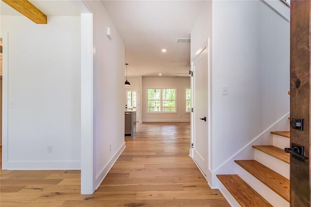 6073 Rockingham Way, Gainesville, GA 30506 - hallway with visible vents, stairs, light wood-style floors, baseboards, and recessed lighting