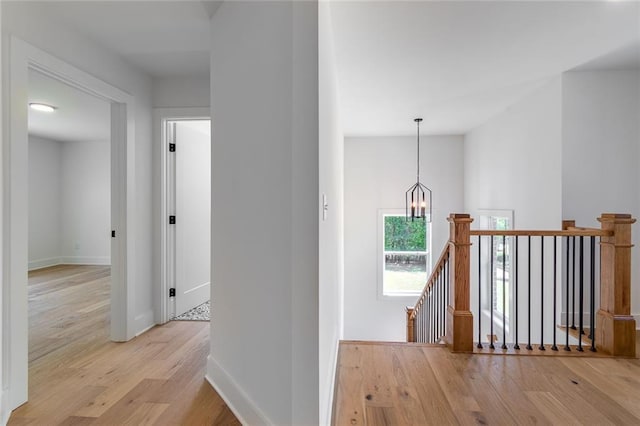 6073 Rockingham Way, Gainesville, GA 30506 - hallway featuring baseboards, a notable chandelier, light wood finished floors, and an upstairs landing