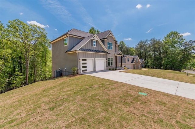 6073 Rockingham Way, Gainesville, GA 30506 - view of front facade featuring a garage, a front yard, board and batten siding, concrete driveway, and central air condition unit