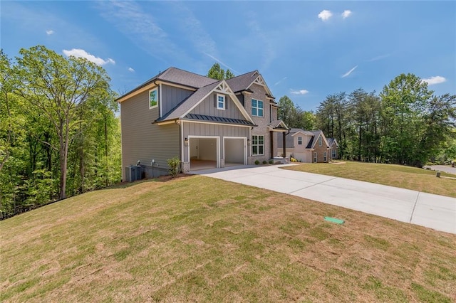 6073 Rockingham Way, Gainesville, GA 30506 - craftsman-style home with an attached garage, board and batten siding, a front yard, central air condition unit, and driveway