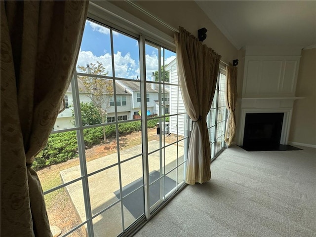 923 Prestwyck Ct, Alpharetta, GA 30004 - doorway featuring light colored carpet, a fireplace, and baseboards