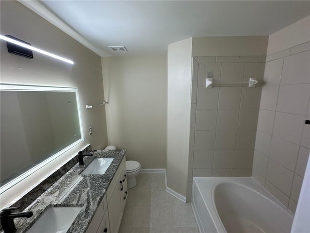 923 Prestwyck Ct, Alpharetta, GA 30004 - full bath with double vanity, toilet, baseboards, tile patterned floors, and tub / shower combination