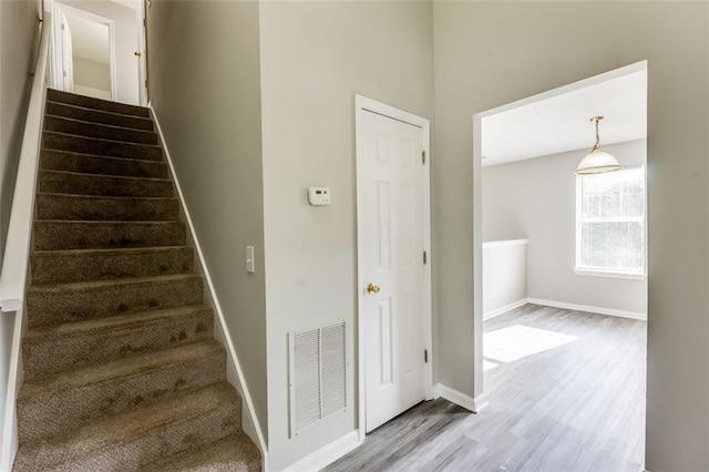 staircase featuring hardwood / wood-style floors