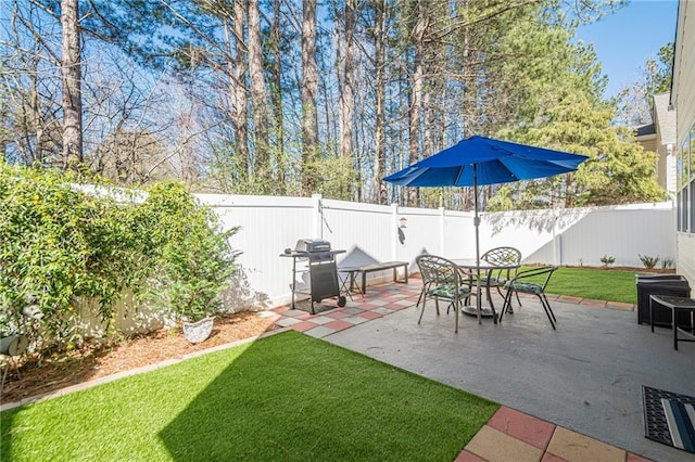 view of yard featuring a patio area and a fenced backyard