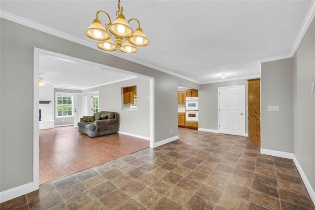 unfurnished living room with a textured ceiling, ornamental molding, ceiling fan with notable chandelier, and hardwood / wood-style floors