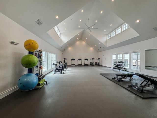 workout area with high vaulted ceiling