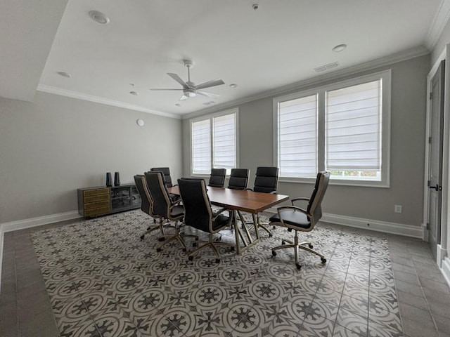 tiled office space featuring crown molding, plenty of natural light, and ceiling fan