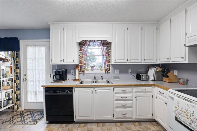 kitchen featuring white cabinetry, sink, electric range, black dishwasher, and a textured ceiling