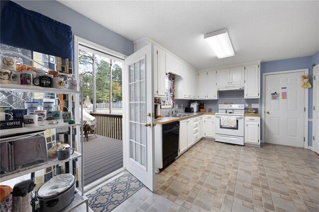 kitchen with white range with electric cooktop, sink, white cabinets, and black dishwasher