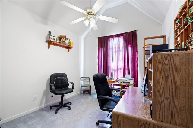 office space with carpet floors, ceiling fan, and lofted ceiling