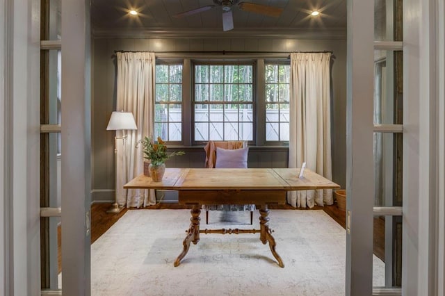 home office with baseboards, recessed lighting, crown molding, a ceiling fan, and wood finished floors