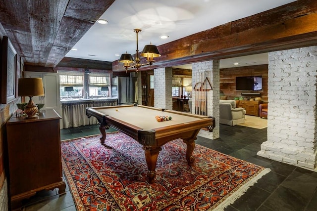 game room featuring a fireplace, a notable chandelier, billiards, and recessed lighting