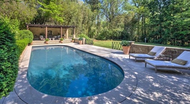 pool featuring a patio area and a ceiling fan