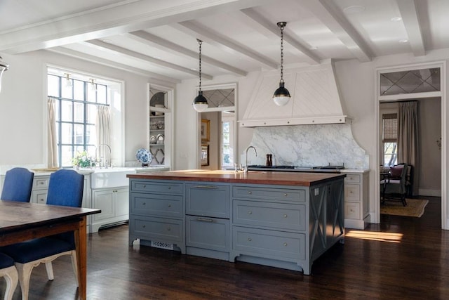 kitchen with butcher block counters, plenty of natural light, dark wood-style flooring, and a sink