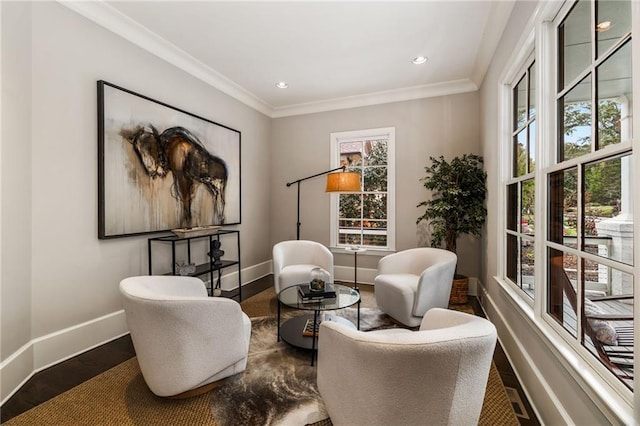 living area featuring hardwood / wood-style flooring and ornamental molding