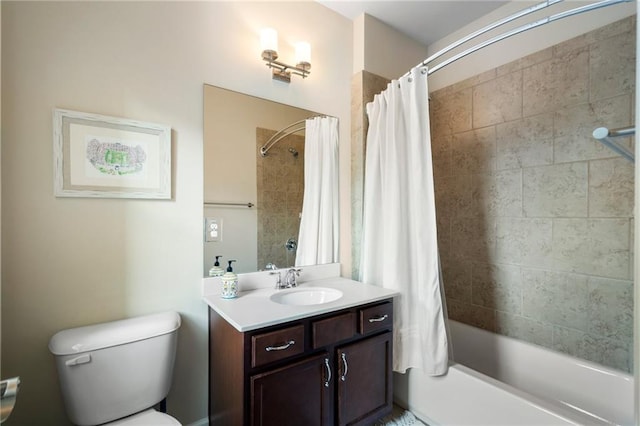 bathroom with toilet, shower / bath combination with curtain, and vanity