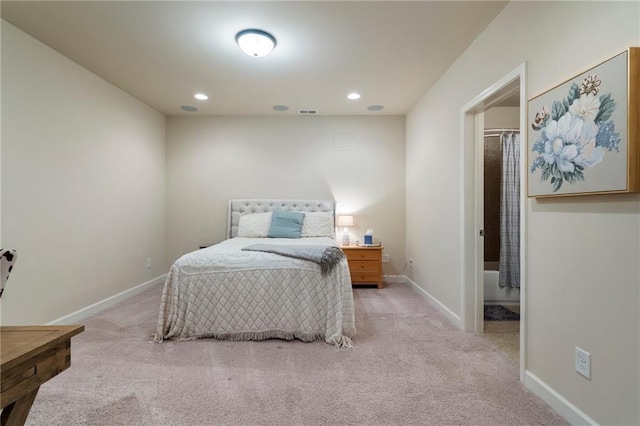 bedroom featuring carpet floors, recessed lighting, and baseboards