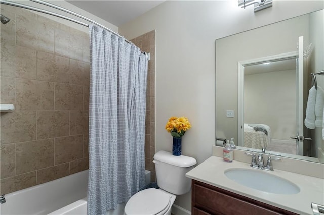 full bathroom with vanity, toilet, and shower / bath combination with curtain