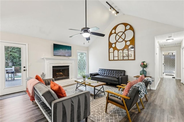 living area with ceiling fan, attic access, vaulted ceiling, wood finished floors, and track lighting