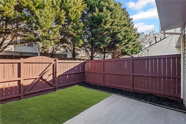 view of yard featuring a fenced backyard and a gate