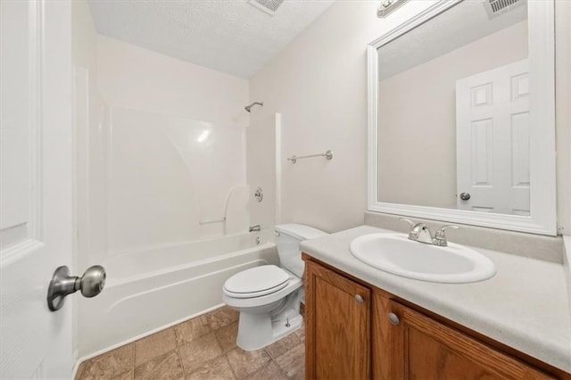 bathroom featuring visible vents, toilet, shower / tub combination, vanity, and a textured ceiling