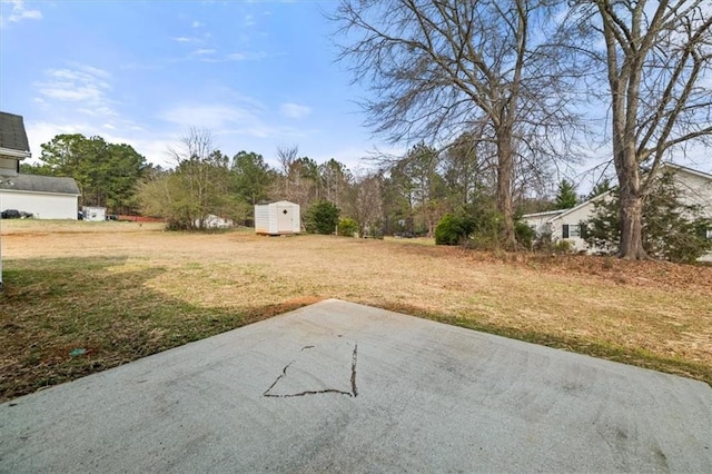 view of yard with a patio area, a shed, and an outdoor structure