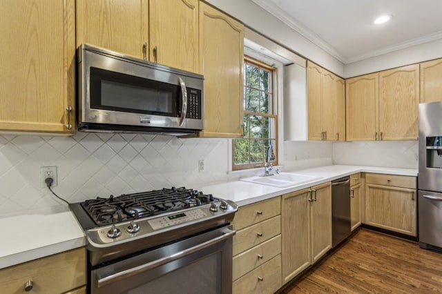 kitchen featuring crown molding, appliances with stainless steel finishes, sink, and light brown cabinets