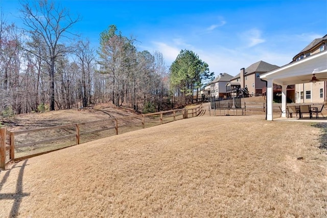 fenced backyard featuring a ceiling fan and a patio area