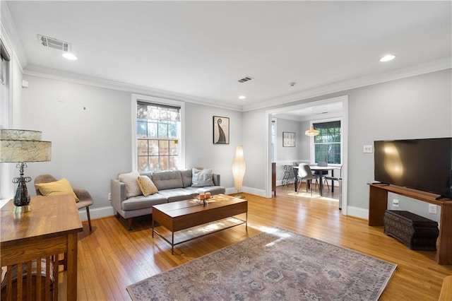 living room with crown molding and light wood-type flooring